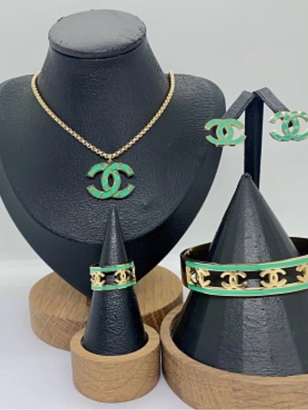 Green Enamel Jewelry Set - Necklace, Bracelet, Earrings, Ring